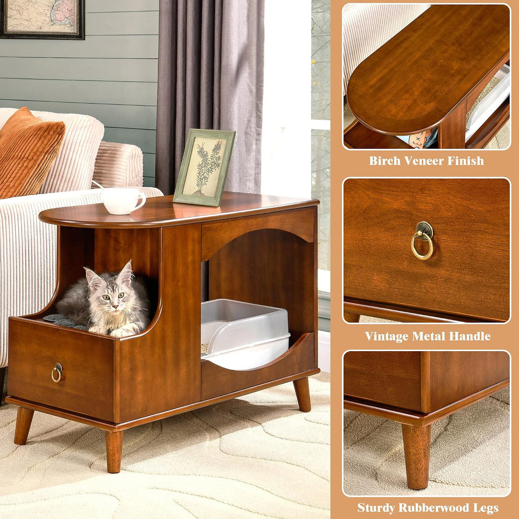 Solid Wood Cat Litter Box Enclosure with Drawer, Wooden Cat Bed