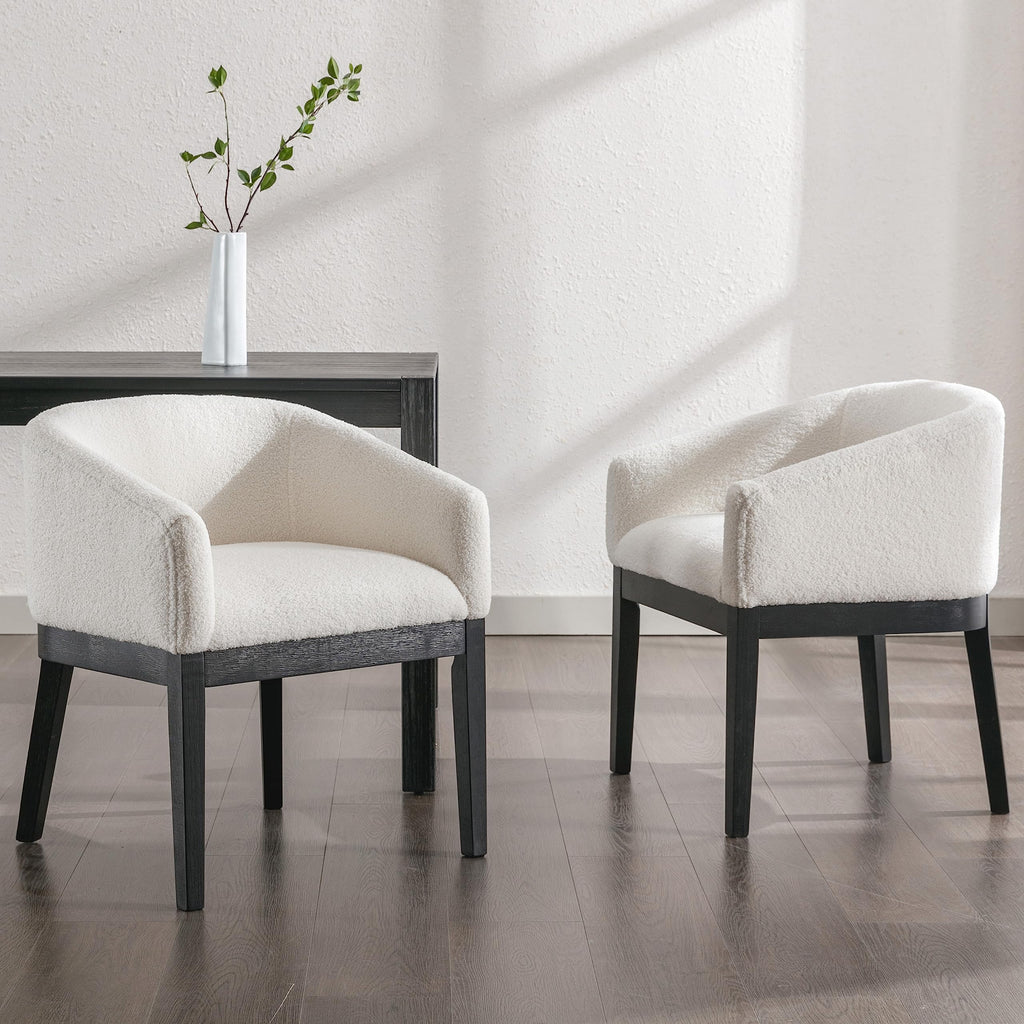 White Mid Century Modern Set of 4, Farmhouse Boucle Upholstered Accent Curved Backrest Kitchen Chairs Armchairs with