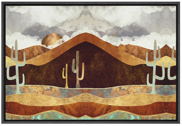 Framed Canvas Print Wall Art Brown Desert Canyon with Cacti Abstract Wilderness Illustrations Modern Art Rustic