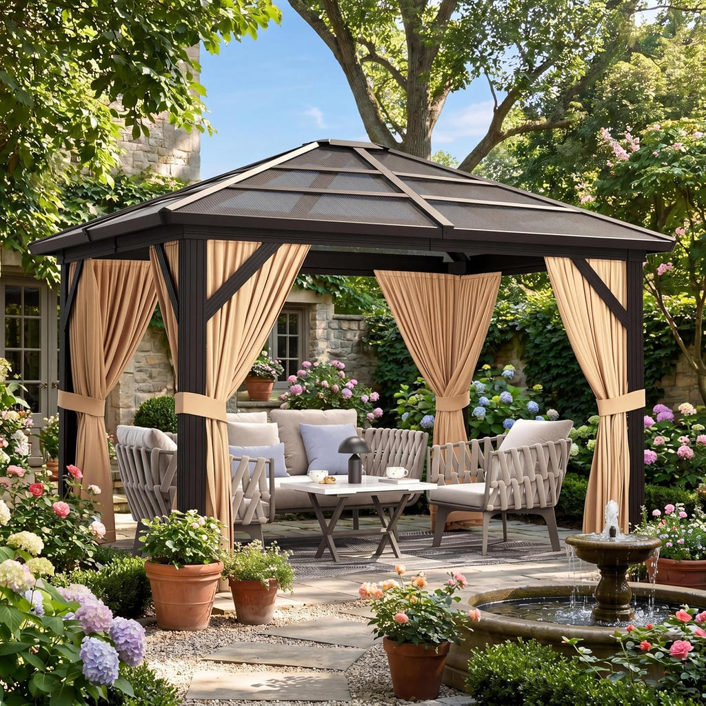 10x12ft Gazebo, Hardtop Outdoor Canopy Aluminum Frame Permanent Gazebo with Netting and Curtains