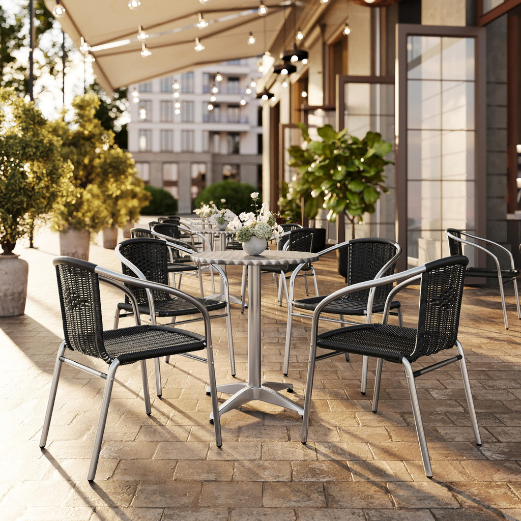 Lila 4 Pack Commercial Aluminum and Black Rattan Indoor-Outdoor Restaurant Stack Chair