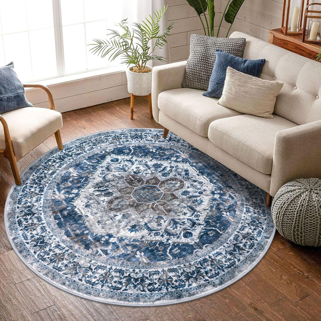 Round Rug 6 Ft Rugs for Entryway Washable Circle Rug Non Slip Round Living Room Rugs Printed Faux Wo