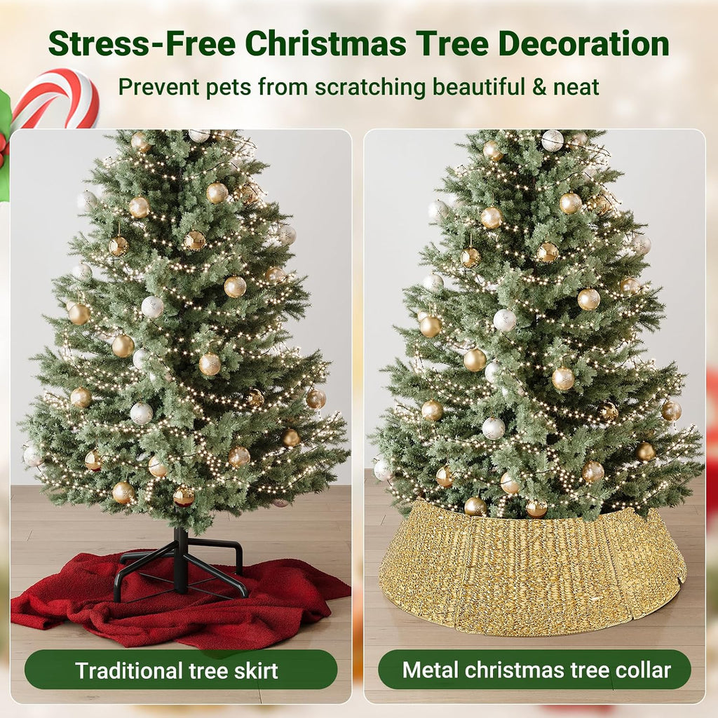 33 Inch Christmas Tree Collar, Gold Woven Xmas Tree Skirt for Artificial Trees, Tree Base Cover with Cord Cut-Out