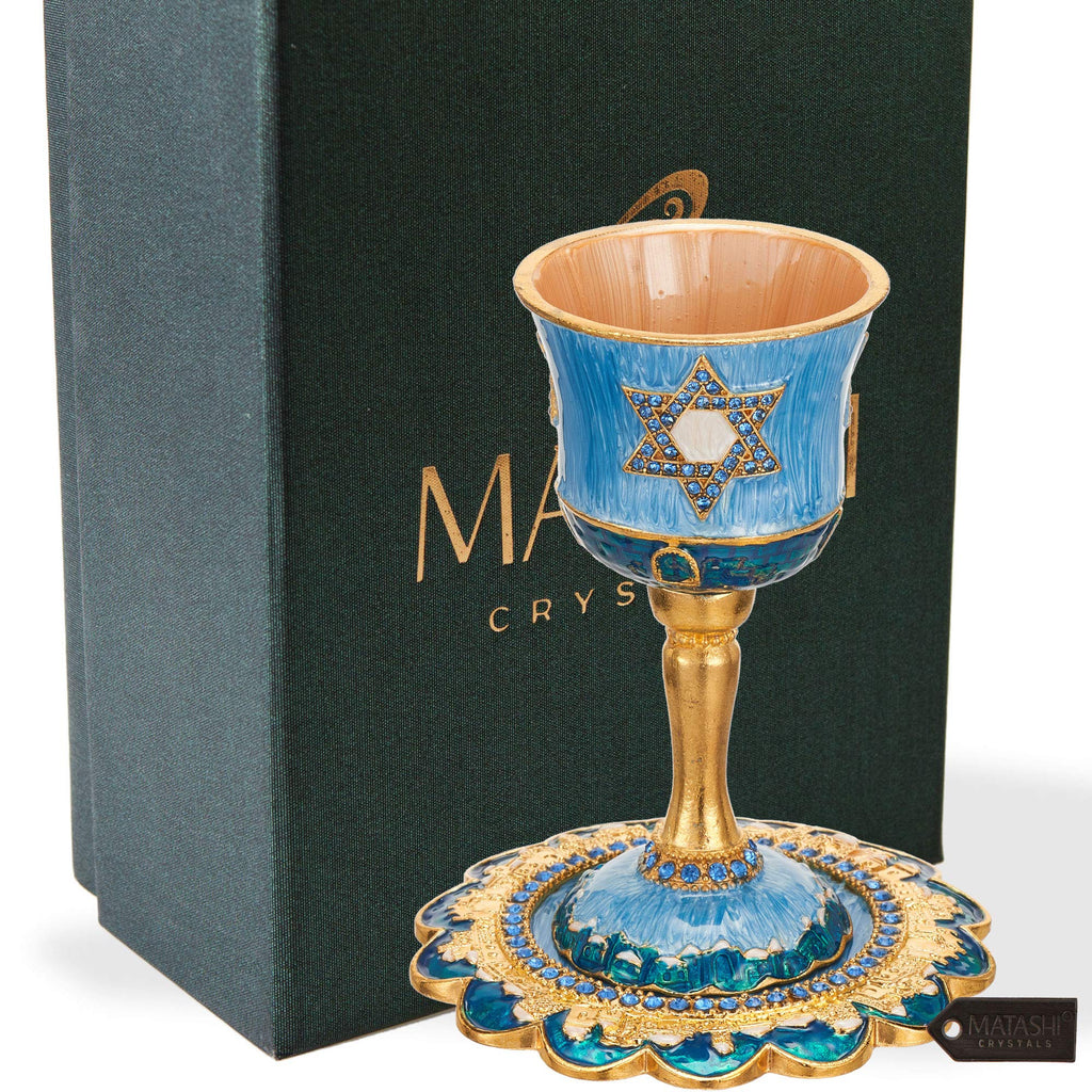 Hand-Painted Enamel Tall 5" Kiddush Cup Set w/Stem & Tray