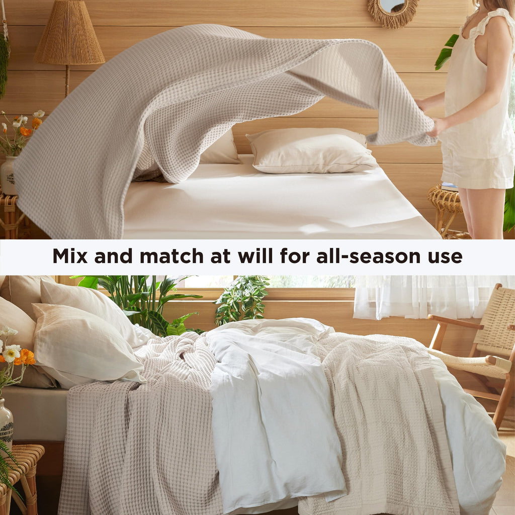 Lightweight 100% Cotton Waffle Blanket, Linen