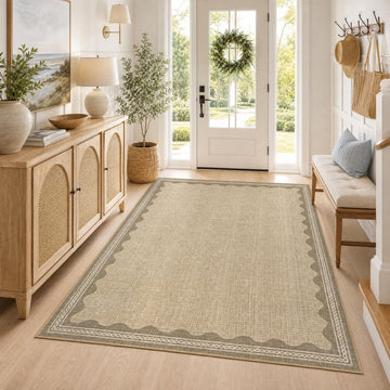 Scalloped 3x5 Rug Washable Non-Slip Low-Pile Indoor Rugs Solid Tan Jute Digital Printing Modern Carpet Bedroom Living