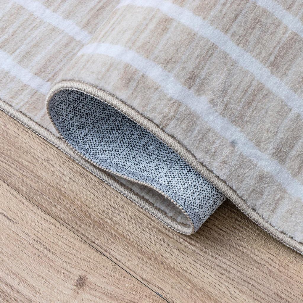 Washable Orton Distressed Ticking Stripe Machine-Washable Polyester Area Rug, Beige and Cream, Farmhouse