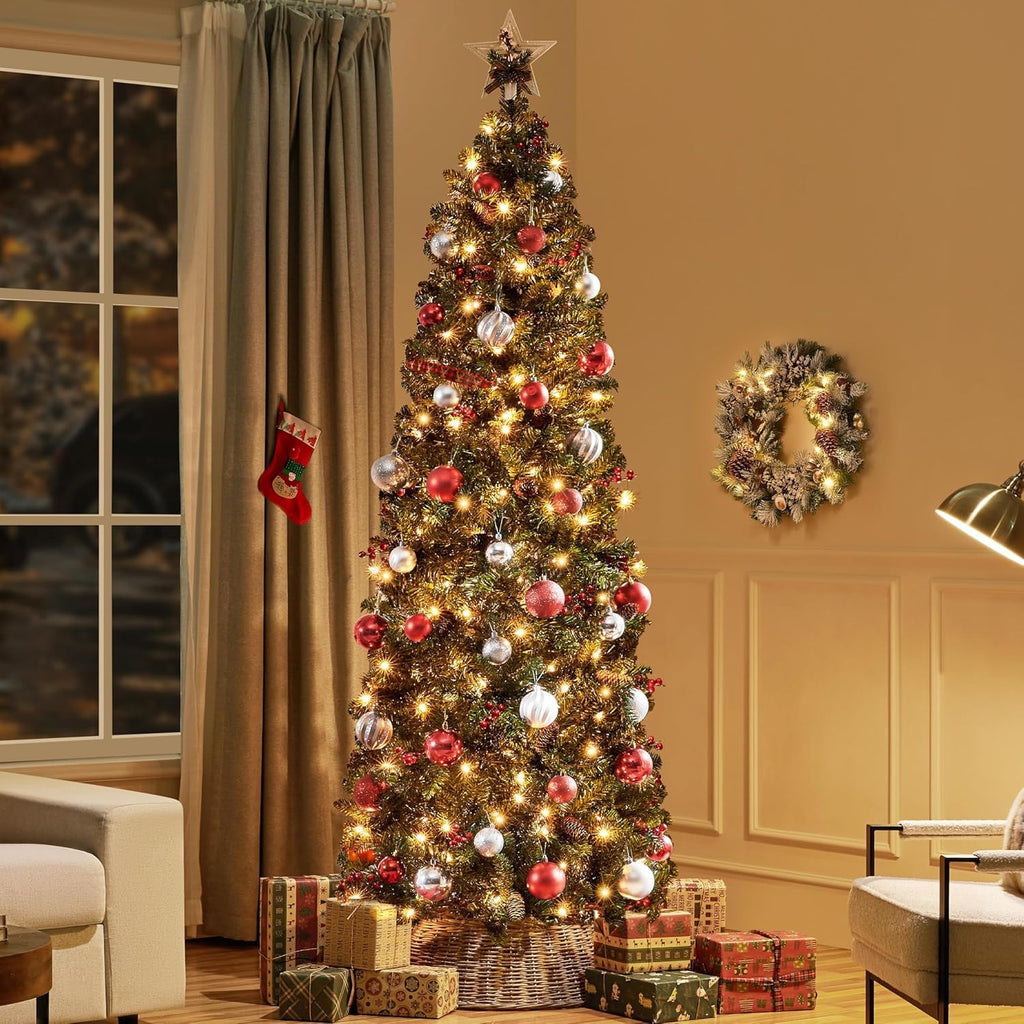 7.5ft Pre-lit Pencil Spruce Christmas Tree, Artificial Slim Xmas Fir, Pre-Decorated , Party, Holiday Decor W/ 948
