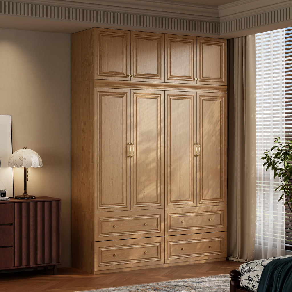 Rustic Wardrobe Closet with 4 Door, Big Armoire Wardrobe Closet with Hanging Rod/4 Drawer, Tall/Heavy Closet