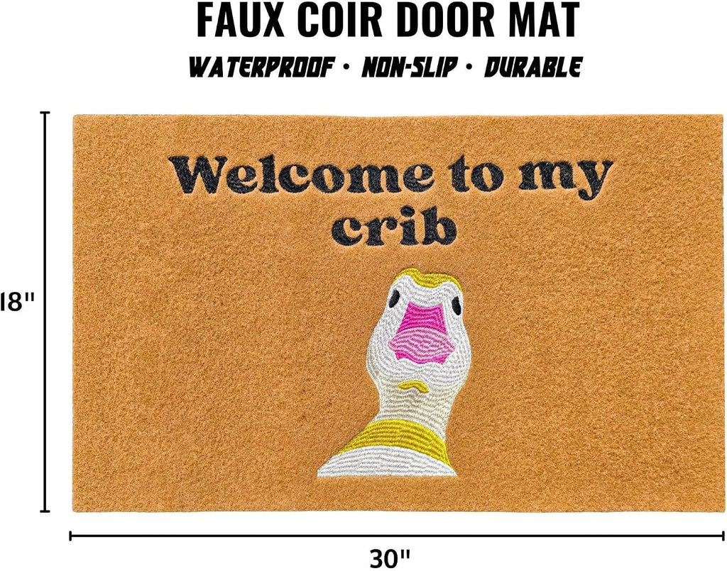 "Welcome to My Crib" Doormat, 18 x 30 Inch Funny Goose Door Mat | Embroidered faux coir mat with non-slip backing and