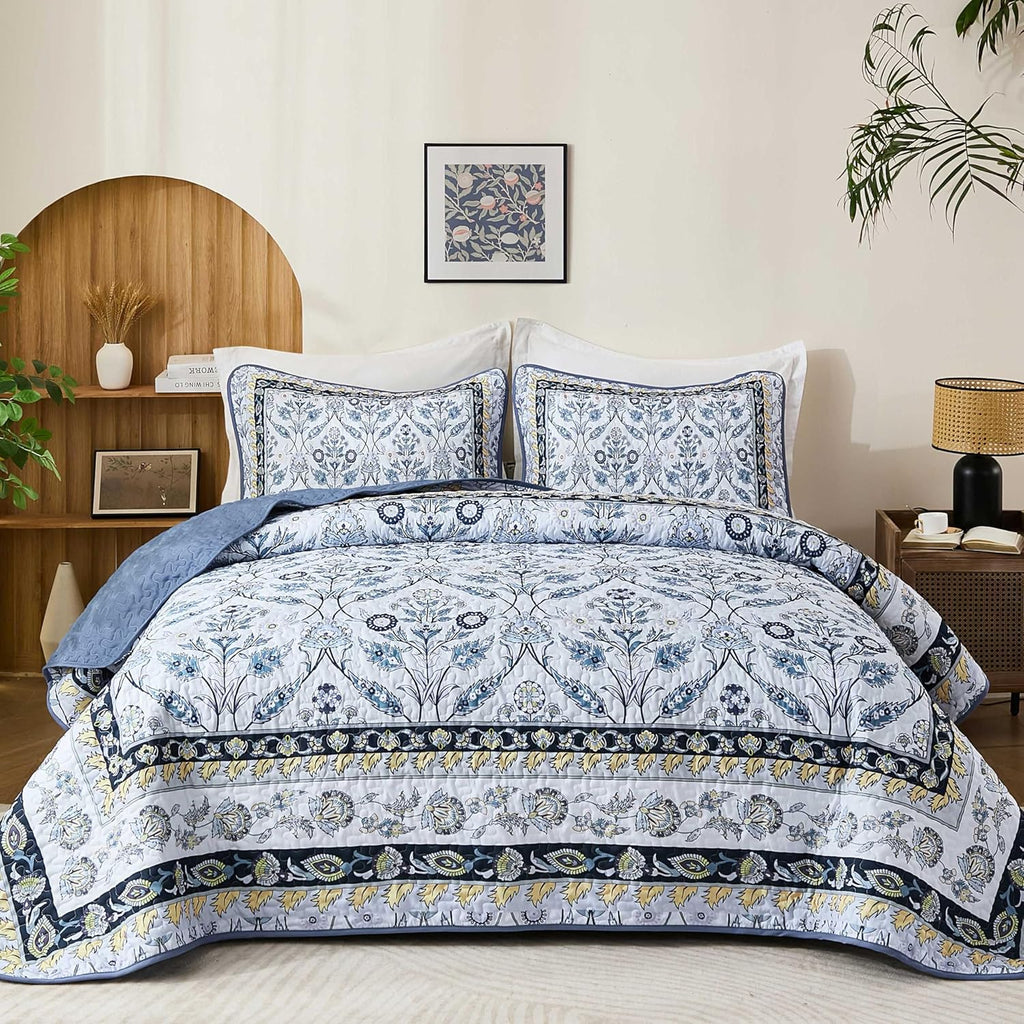 Queen Quilt Sets, Navy Blue Floral Quilt Set Queen 3 Pieces Boho Bedspread Coverlet Set with 2 Pillowcases Soft