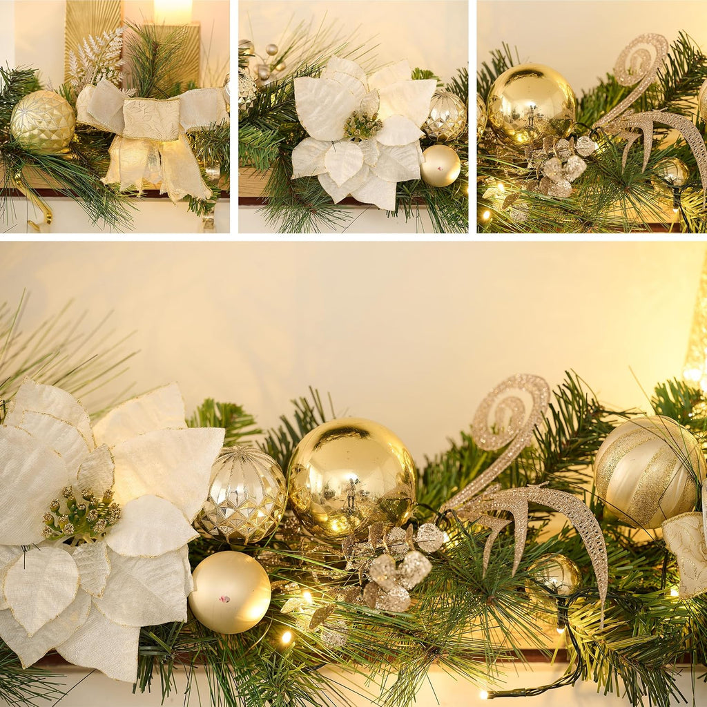 9 Feet Pre-Lit Christmas Garland with Lights for Mantle, Lighted Outdoor Xmas Garland with White Gold Balls &