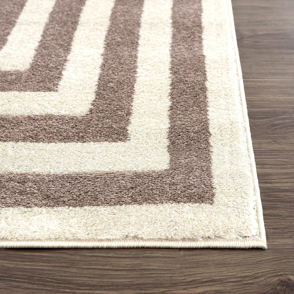 Contemporary Beige & Ivory Area Rug, Contrasting Geometric Modern Stripe Symmetrical Living Room