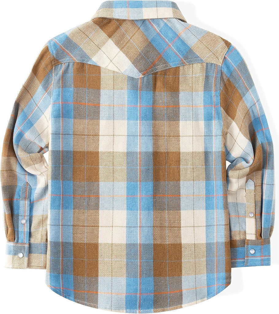 Boys Western Pearl Snap Flannel Plaid Button Down Shirts
