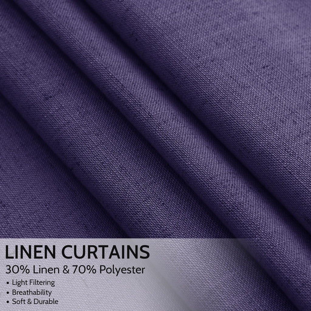 Purple Linen Blend Light Filtering Back Tab Curtains 108 Inches Long, Semi Sheer Privacy Drapes, 52x108 inch, 2