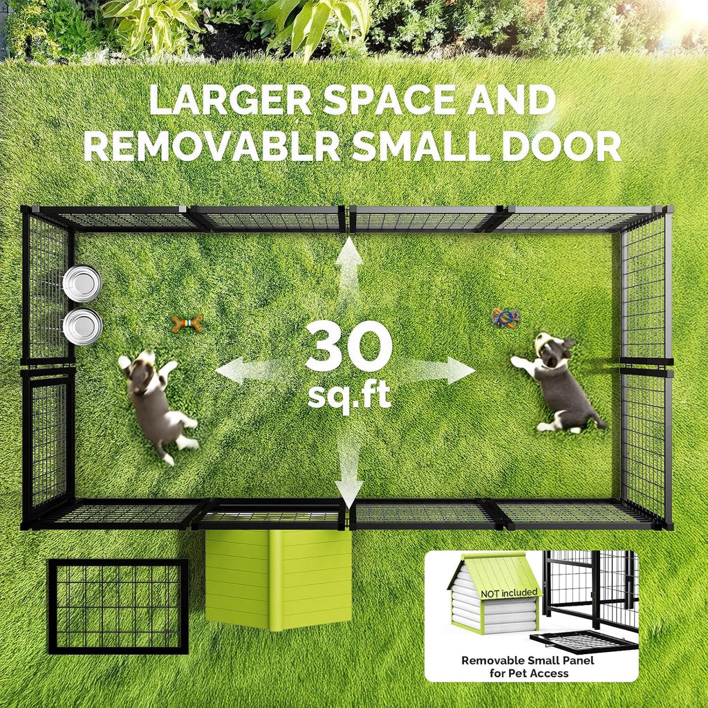2PCS Outdoor Dog Kennel Outside Run with Doggy Door, Swivel Feeder&Roof - 8x4x6FT Large Dog Kennels Pens Outside