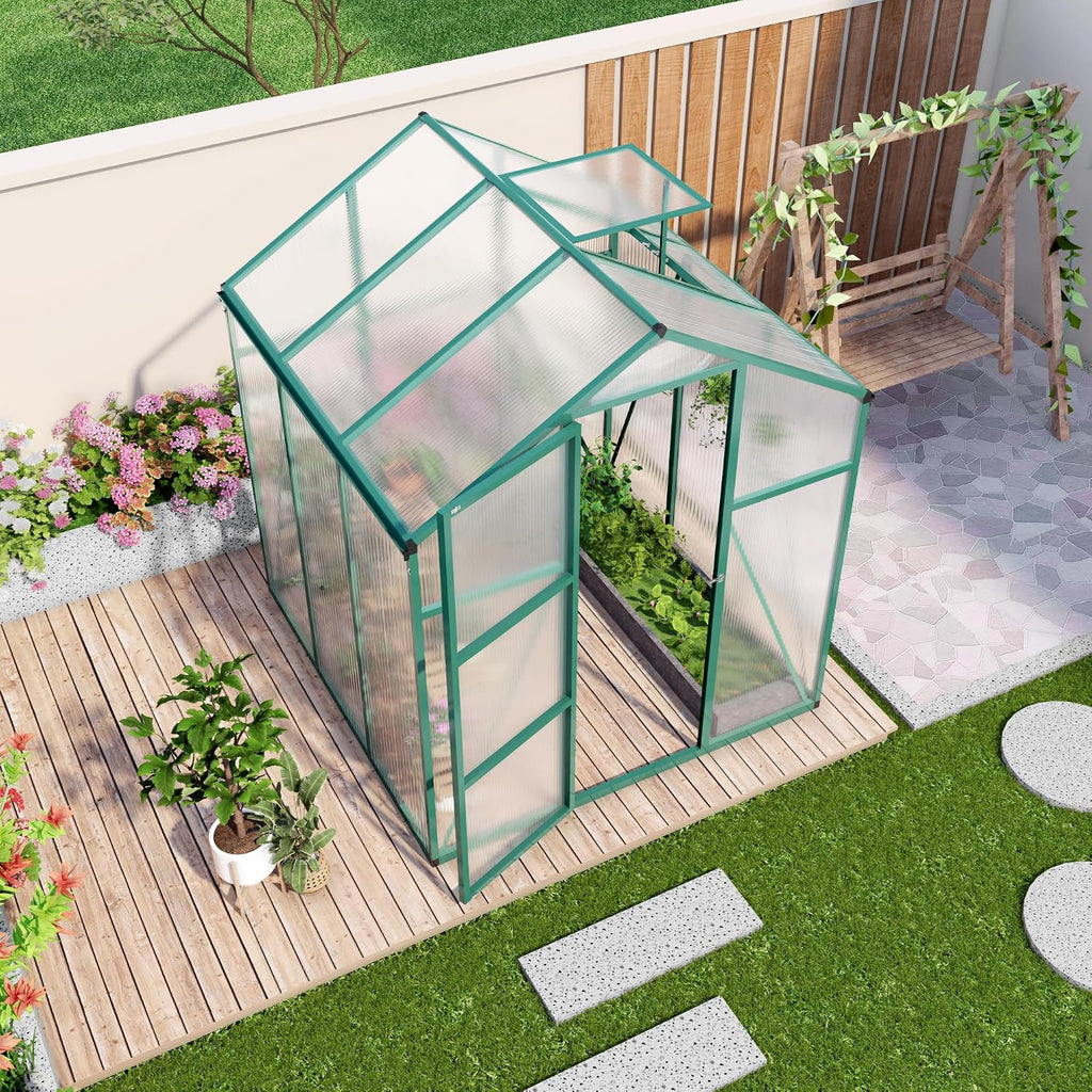 6x10FT Walk-in Polycarbonate Greenhouse Kit, Heavy Duty Aluminum Alloy Frame Green House with Ventilation & Drainage