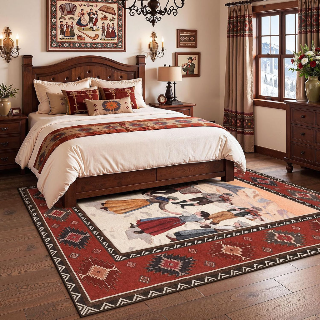 Red Ivory Southwestern Folk Art Rug