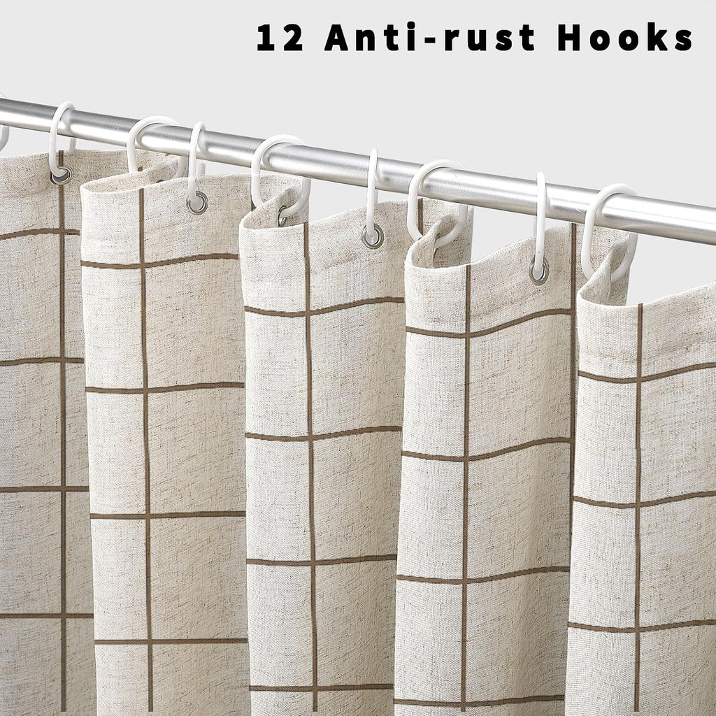 Farmhouse Plaid Shower Curtain Beige Linen Shower Curtains Natural Beige Pattern 72 x 72 Inch