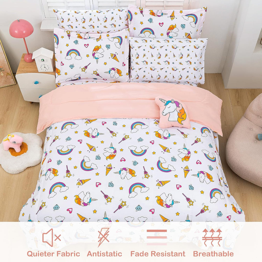 Bed in a Bag for Kids Girls Teens, 8 Pieces Full Comforter Bed Set with Shams, Sheet Set and Decorative Toy Pillow