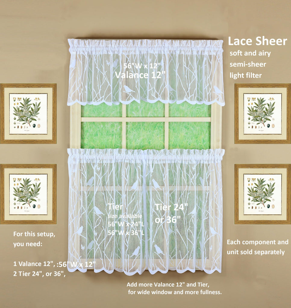 Songbird Semi-Sheer Lace Tier 36", White, 56" W x 36" L