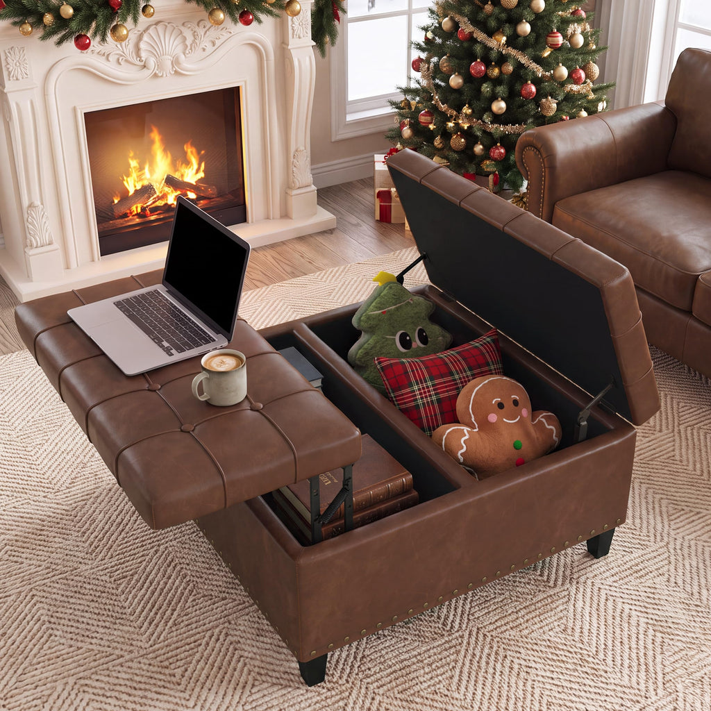 31.5 Inch Large Square Ottoman with Storage, Faux Leather