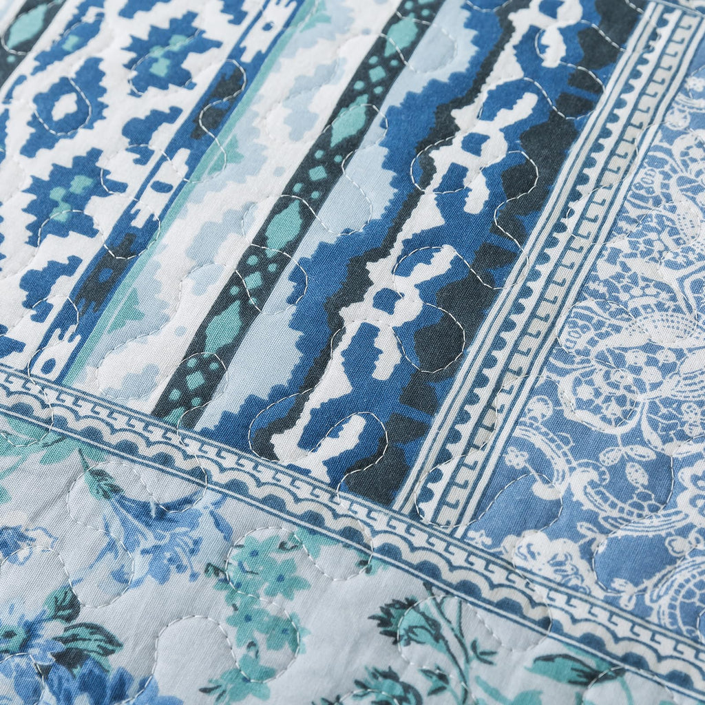 Cotton Bedspread Quilt Sets-Reversible Patchwork Coverlet Set, Blue Classic Bohemian Pattern