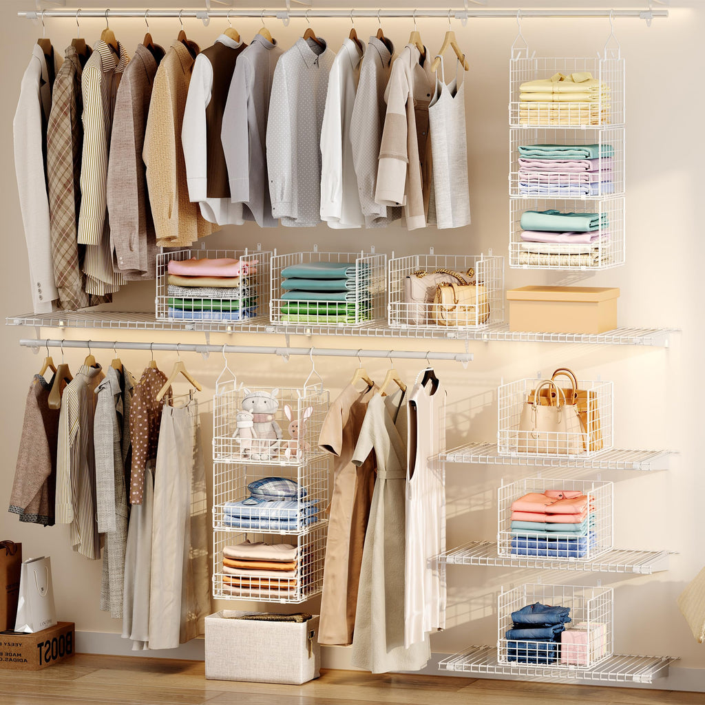 3-Tier Hanging Closet Organizer with 5 S Hooks, Closet Shelves for Clothes, Shoes, Handbags, Accessories, Hanging
