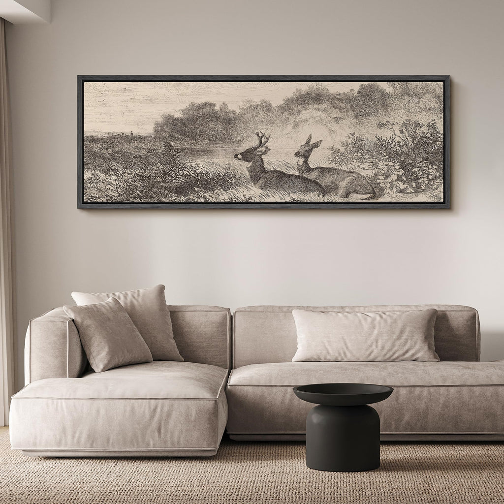Large Framed Canvas Vintage Deer Meadow Landscape Illustrations Modern Art Calm Warm - 60"" x20