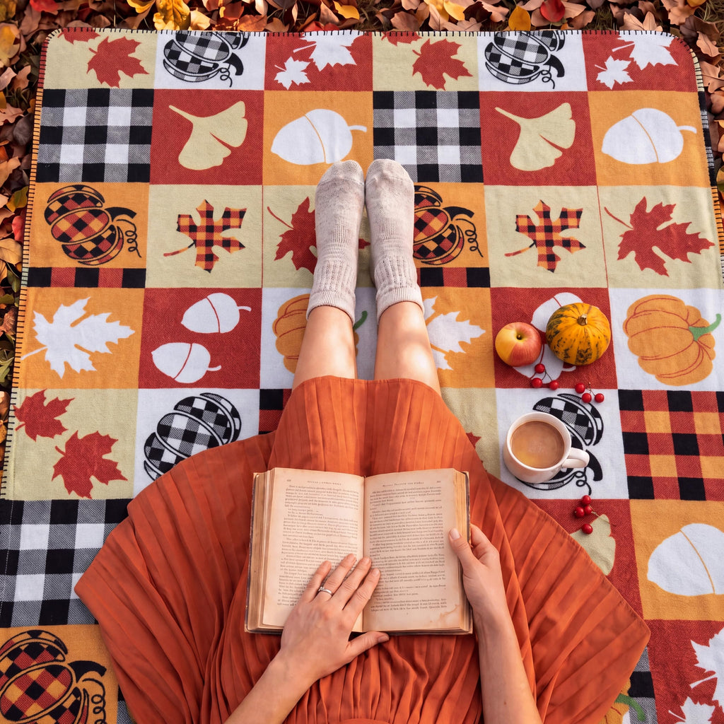 Fall Fleece Blankets, 50 x 60 Inch Pumpkin Plaid Throw Blankets