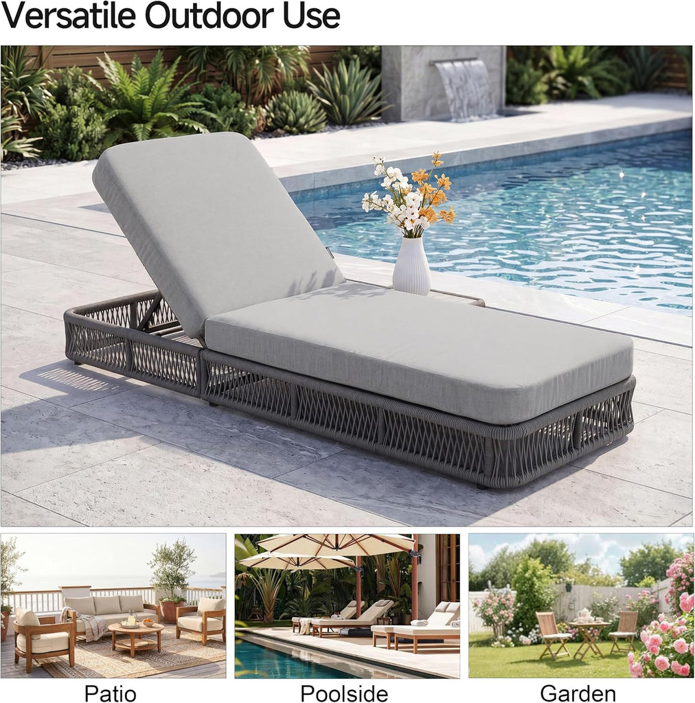 Outdoor Chaise Lounge Chair, 5-Position Adjustable Backrest, All-Weather Grey Woven Rope Recliner with 5 Inch Light
