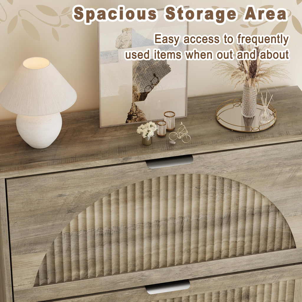 Shoe Storage Cabinet with 3 Flip Drawers, Narrow Wood Shoe Organizer Cabinet with Fluted Panel, Slim Shoe Rack