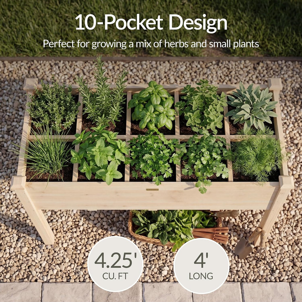 Raised Herb Garden Bed Planter Box - Elevated Wooden Planter with 10 Grid Growing Compartments, Drainage Holes