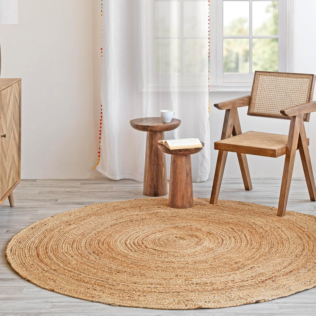 6ft Round Natural Jute Rug - Handwoven Braided Reversible Vintage Area Rug Farmhouse Rustic and Bohe