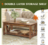 Coffee Table, 43" Farmhouse Coffee Table with Storage Shelf & Sturdy V-Shaped Support, Wood Center Table and Balco...