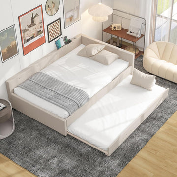 Full Size Daybed with Storage and USB, Modern Cloud Bed Frame with Twin Size Trundle, Linen Upholstered Platform Bed