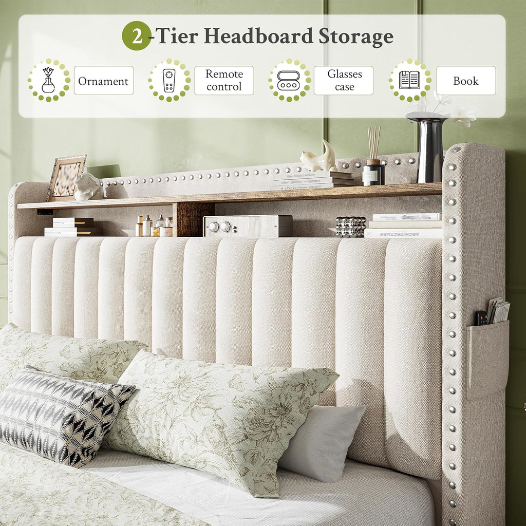 Queen Bed Frame, Upholstered Queen Bed Frame with 2 Storage Drawers and 2-Tier Headboard