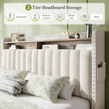 Queen Bed Frame, Upholstered Queen Bed Frame with 2 Storage Drawers and 2-Tier Headboard