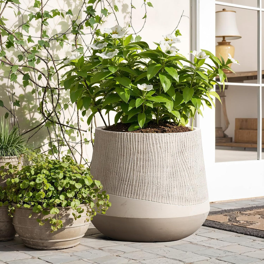LuxenHome 17" Round Planters for Indoor Plants, Blended Tan Large Plant Pot | Planter with Drainage Hole and Rubber