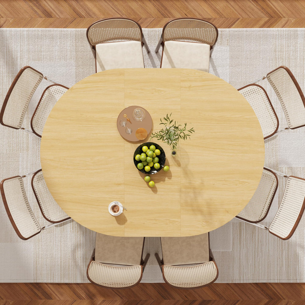 47-63in Extendable Round Dining Table for 4-8, Modern Kitchen Oval Dining Table with 2-Layer Storage Shelf, Wood