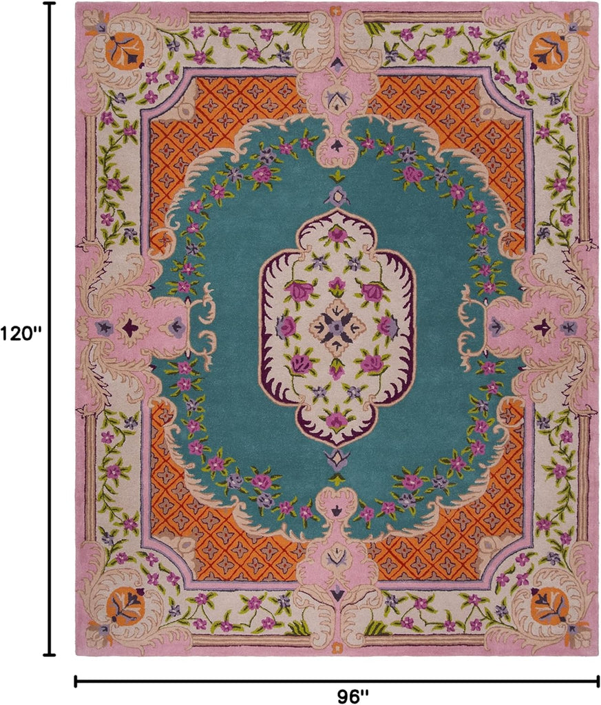 Area Rug 8x10 - Bellagio - Large - Blue & Pink, Handmade Wool, Medallion Design