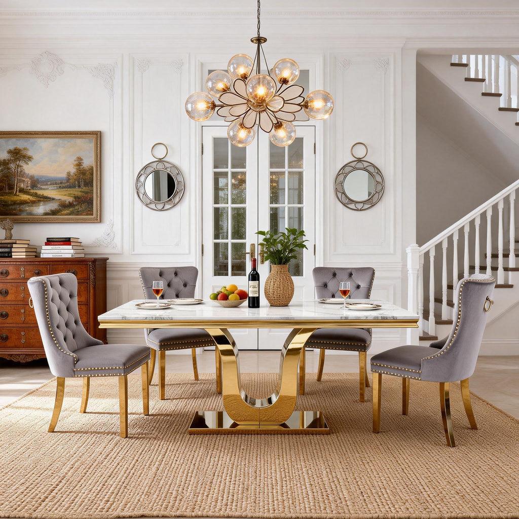 Faux Marble Dining Table Set for 6, Luxury Kitchen Table Chairs Set of 6
