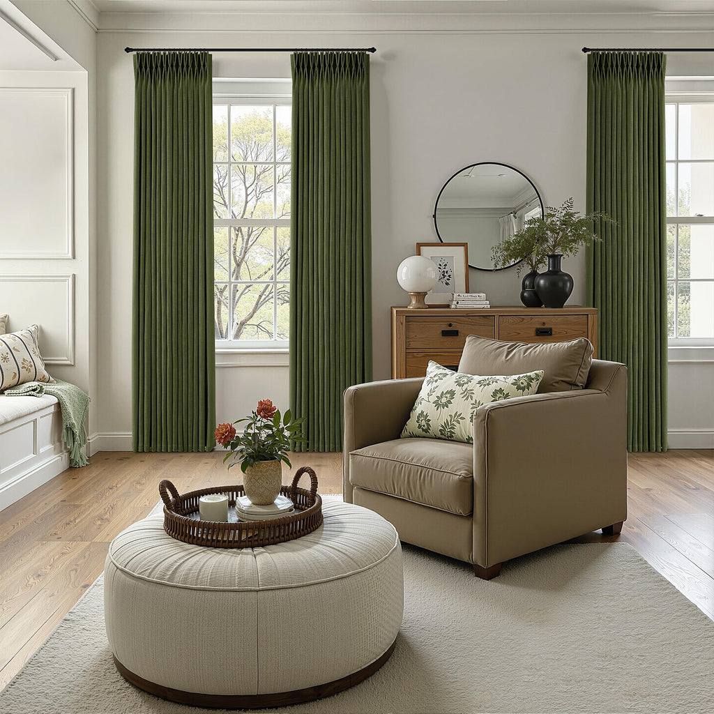 108 Inches Long Pinch Pleat Linen Curtains Semi Sheer 2 Panels Olive Green