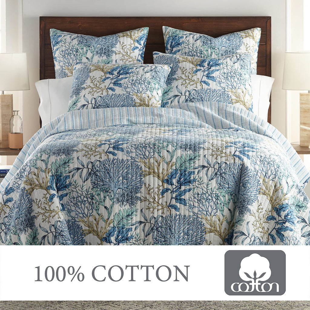 Mahina Quilt Set - Quilt + Two Pillow Shams - Coastal - Taupe, Blue and White - Quilt