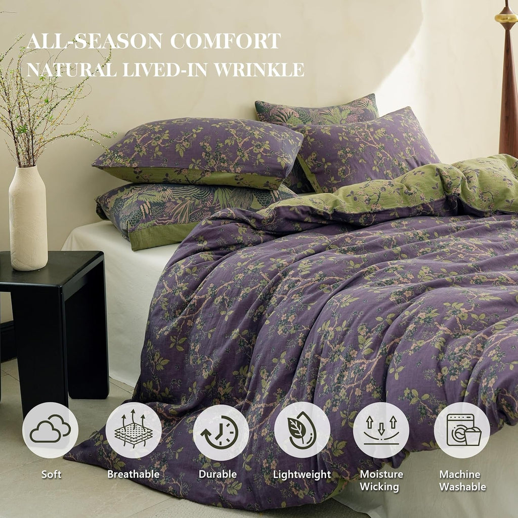 Muslin Duvet Cover Set Queen, 100% Washed Cotton 3 Pieces Yarn-Dyed Vintage Floral Jacquard Textured Bedding, Soft &