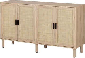 4 Door Sideboard Buffet Cabinet, Kitchen Storage Cabinet with Rattan Decorated Doors, Cupboard Console Table, Boho