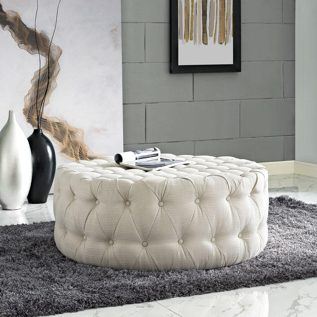 BEIAmourFabric Upholstered Button-Tufted RoundOttomanBeige