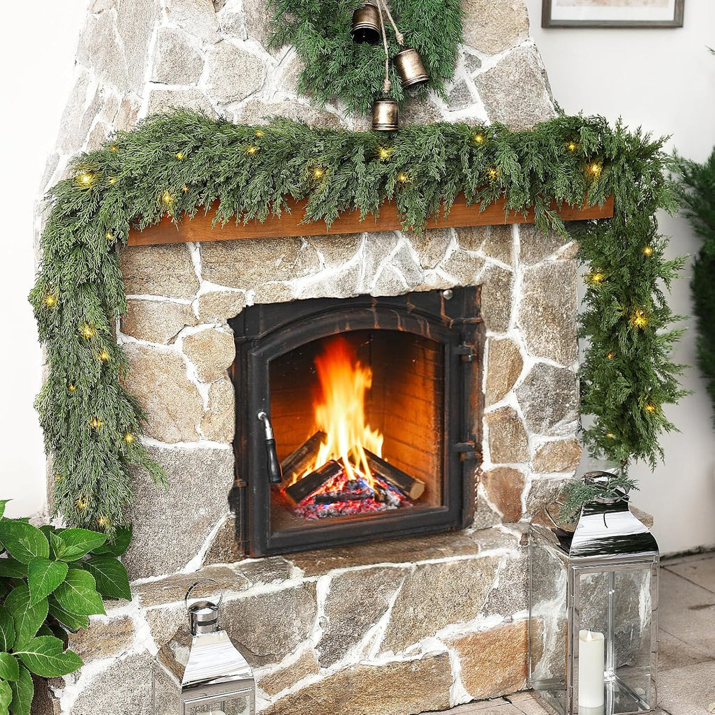 Cedar Christmas Garland with Lights for Mantle - Decorations 9 ft Realistic Lighted Faux Pine Garlands for Xmas