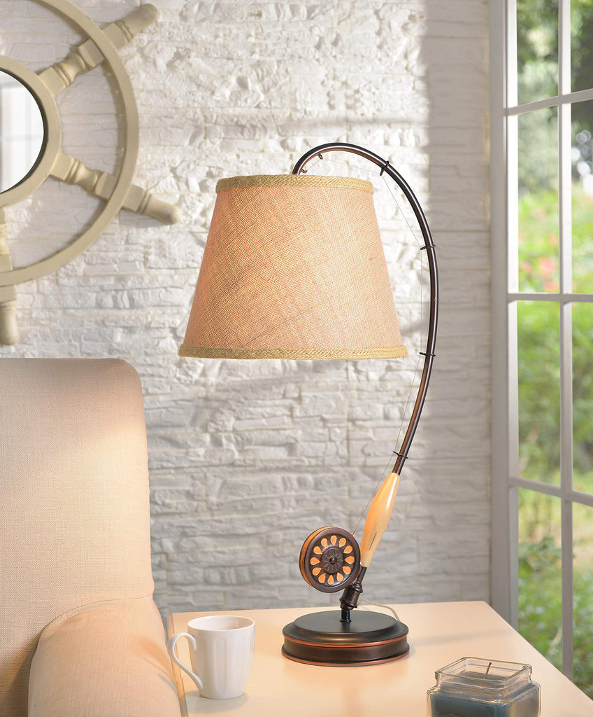 Fly Rod Table Lamp with Oil Rubbed Bronze w/Wood Accent Finish, Rustic Style, 27.5" Height, 12" Width, 14.5" Depth