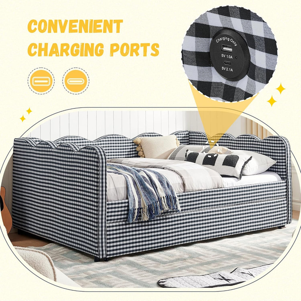 Full Size Gingham Daybed with Trundle and USB Ports | Upholstered Daybed Living Room Guest Room-Navy